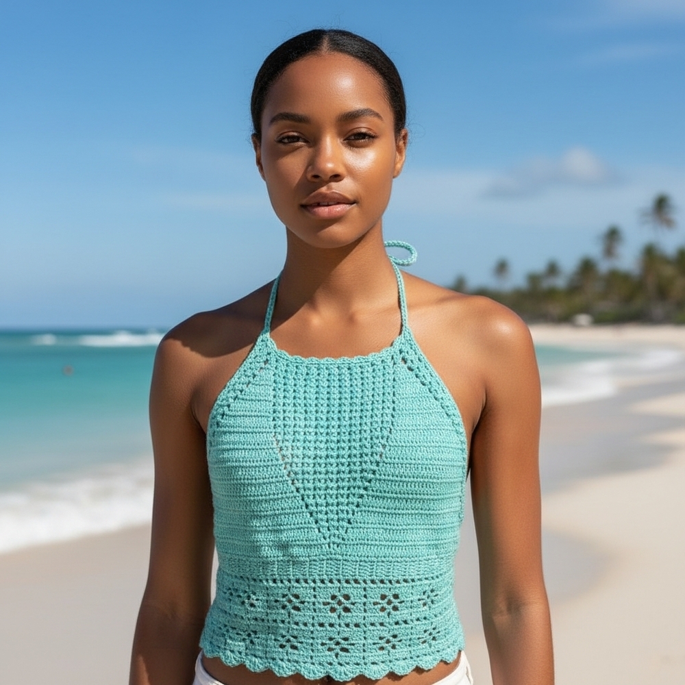 Crocheted Halter Top Boho-chic Summer Beachy Hippy Tourquois Aqua Blue S/M